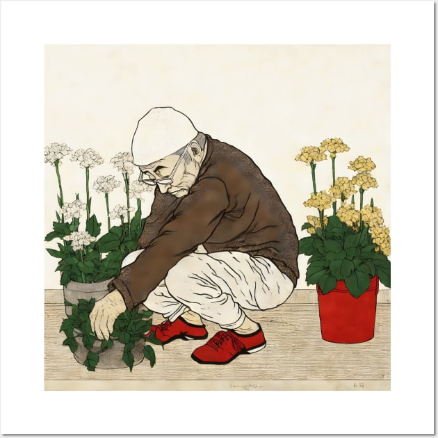 Asian painting. An elderly man plants flowers Wall Art by KOTYA